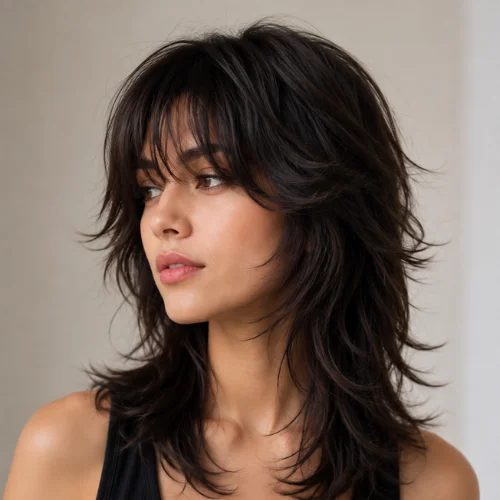 Wolf cut hairstyle for women with layered dark hair