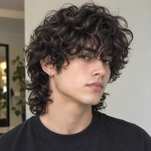 Curly wolf cut with bangs hairstyle for men with textured layered curls