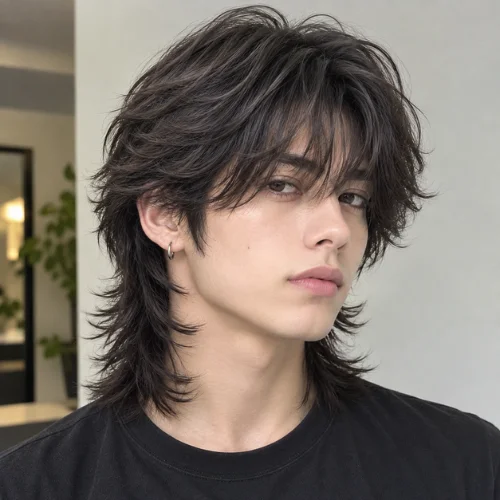 Layered wolf cut with bangs hairstyle for men with textured dark hair