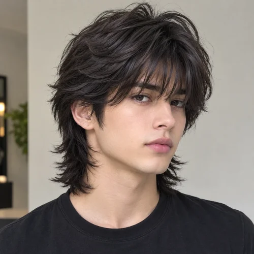 Medium wolf cut with bangs hairstyle for men with layered textured hair