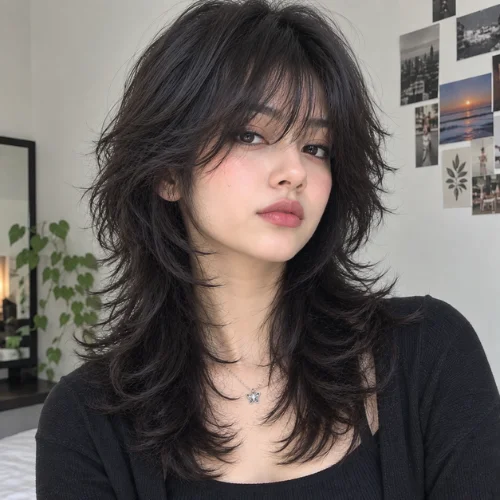 Shaggy wolf cut with bangs and layered dark hair