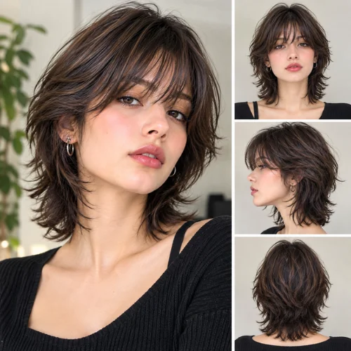 Short wolf cut with bangs and layered texture