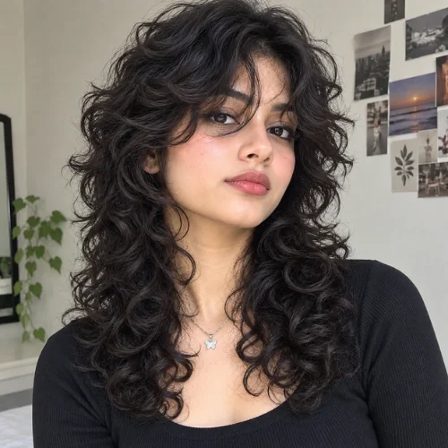 Wolf cut hairstyle with curly hair and voluminous layered curls