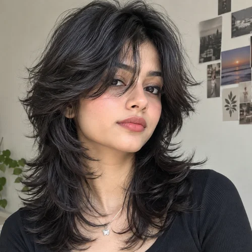 Wolf-cut hairstyle with layered, textured medium-length hair