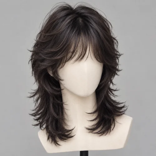 Mannequin displaying a dark layered wolf cut wig with soft curtain bangs and textured ends.