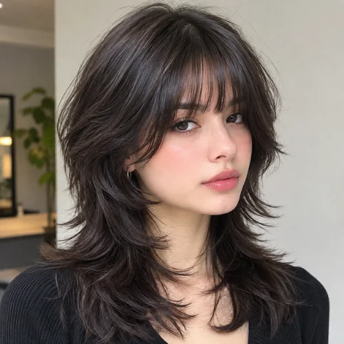 Wolf cut with bangs women hairstyle with layered dark hair