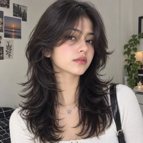 Wolf cut with curtain bangs and layered dark hair