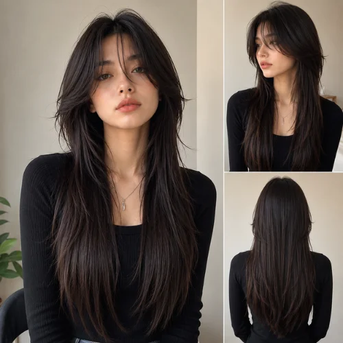 Curtain Bangs, Wolf Cut, Long Hair, Straight