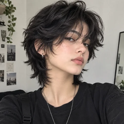 Short tomboy wolf cut hairstyle with dark choppy layers and wispy bangs.