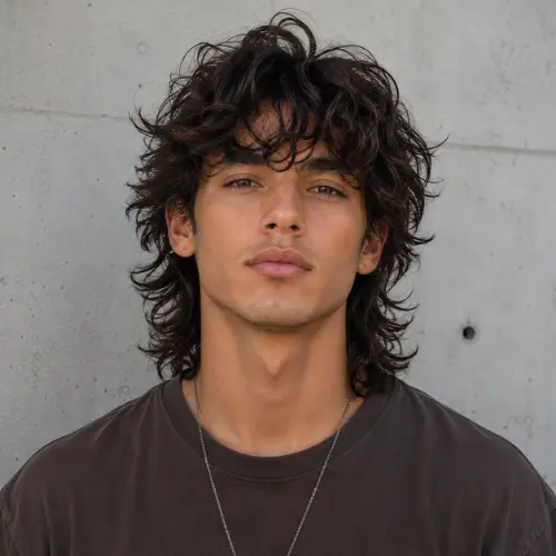 man with a curly wolf cut for men and a voluminous textured fringe