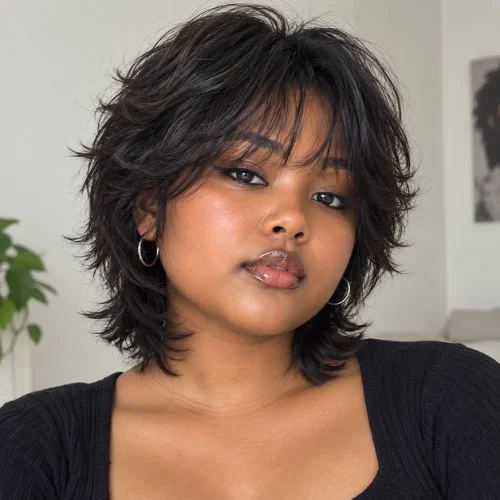 Chubby round face wolf cut hair short aesthetic with layered bangs