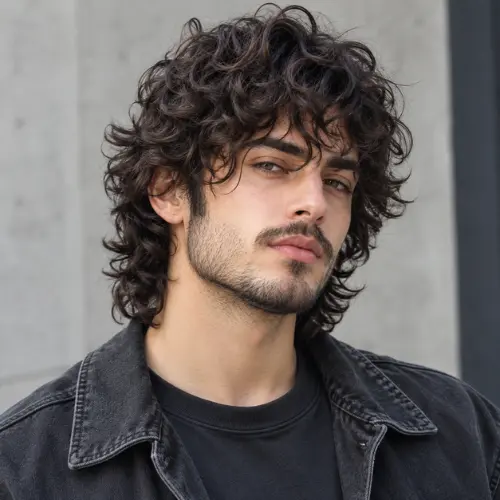 A handsome man with a curly shaggy wolf cut hairstyle featuring layered curls, natural volume, and a modern textured finish.