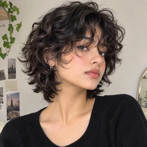Short curly wolf cut hairstyle with voluminous layers and wispy bangs.