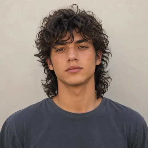 Curly wolf cut men long hair with voluminous dark curls and shaggy layers