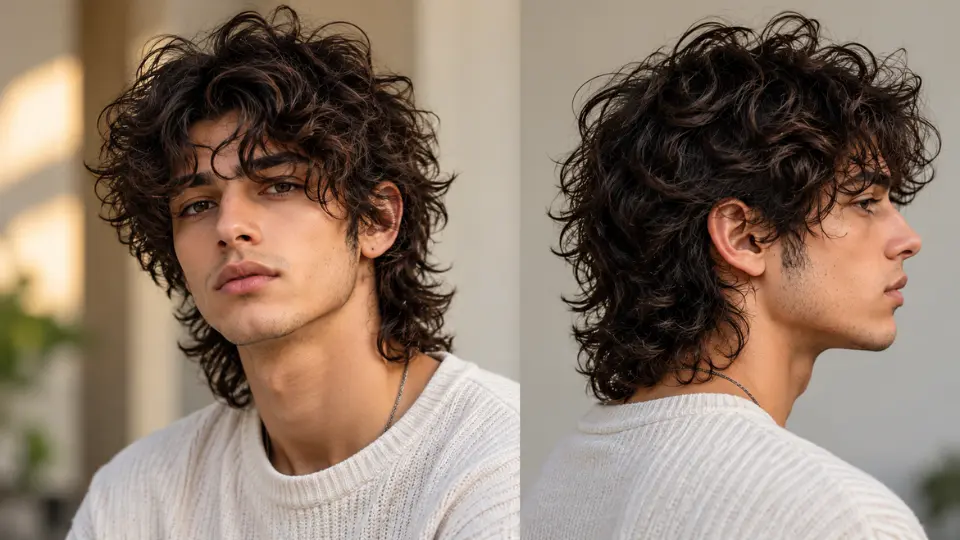 Curly wolf cut men with voluminous curls and shaggy layered hair