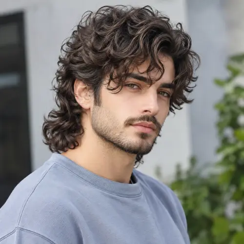 A stylish man with a soft curly wolf cut hairstyle featuring natural curls, textured layers, and a modern voluminous look.
