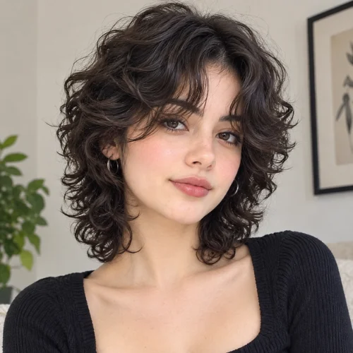 Woman with curtain bangs wolf cut curly hair featuring soft layered curls, face-framing bangs, and a voluminous modern hairstyle.