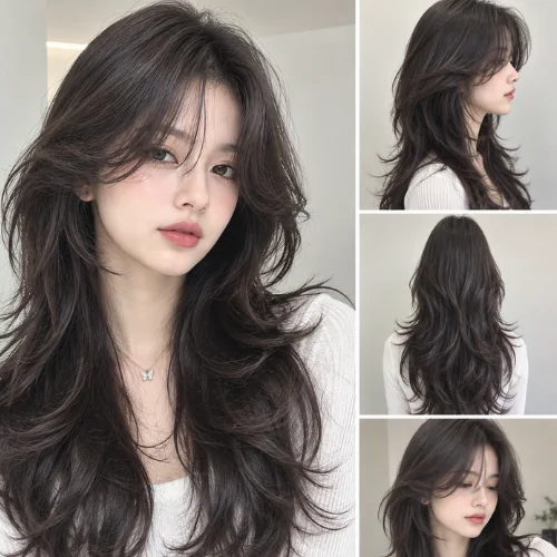 Korean curtain bangs wolf cut long hair