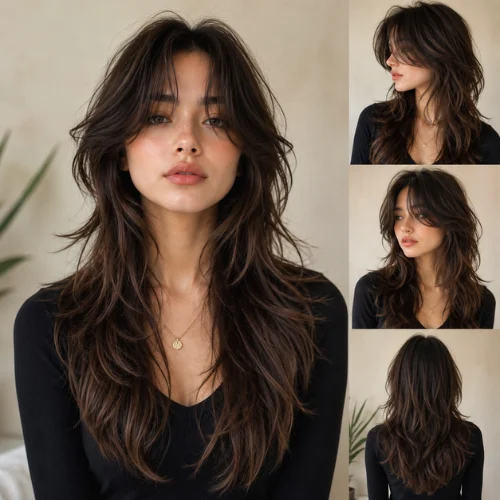 Curtain bangs wolf cut long hair with soft layers