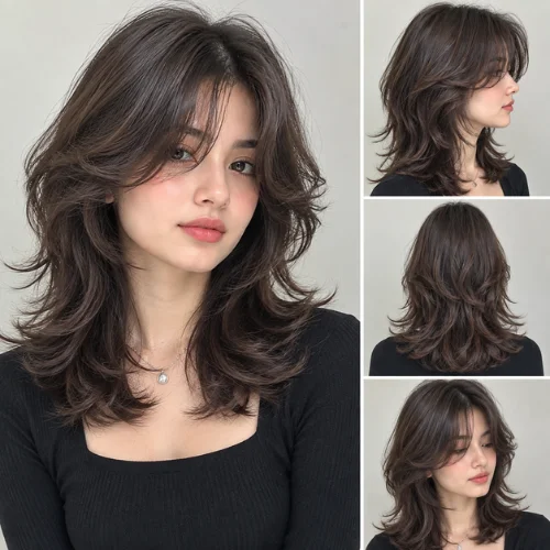 Curtain bangs wolf cut medium hair
