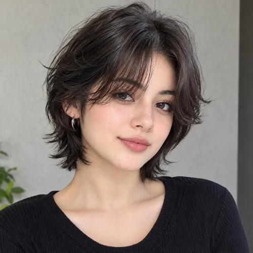 Woman with a curtain bangs wolf cut and short layered hair, showcasing a trendy textured hairstyle with soft face-framing bangs.