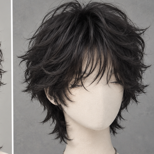 Short fluffy grunge wolf cut hairstyle with textured layers and messy bangs on a mannequin.