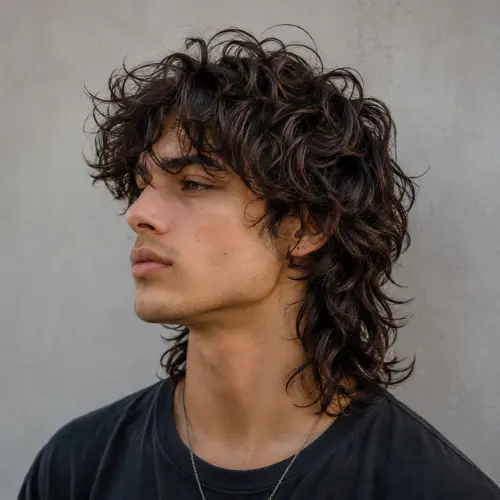 Long curly wolf cut men with voluminous dark curls and shaggy layers