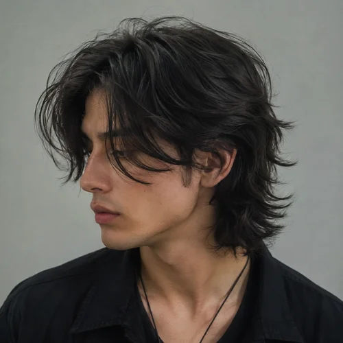 Young man with a middle part wolf cut featuring layered dark hair and curtain bangs.