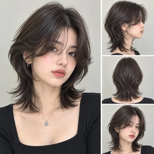 Mullet curtain bangs wolf cut short hair