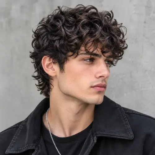 Short curly wolf cut men with stylish, textured curls and layered hair