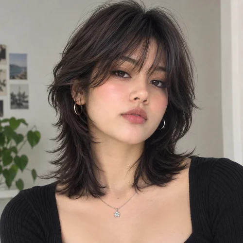 Shoulder length wolf cut hair short aesthetic with layered bangs