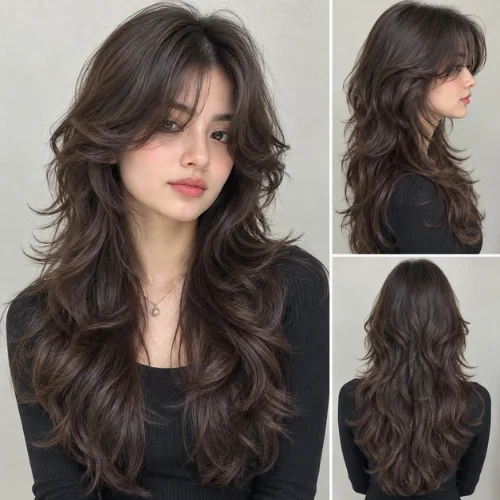Wavy curtain bangs wolf cut long hair