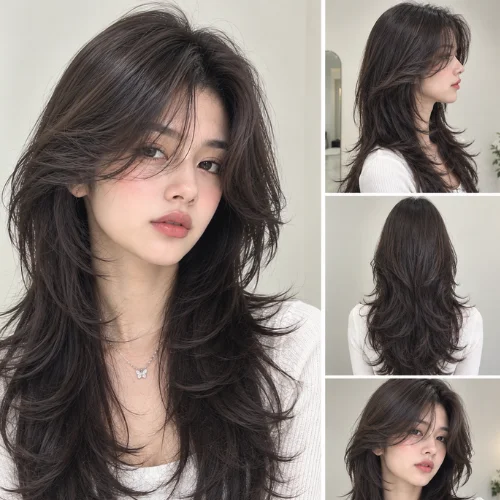 Wolf cut with curtain bangs and layers